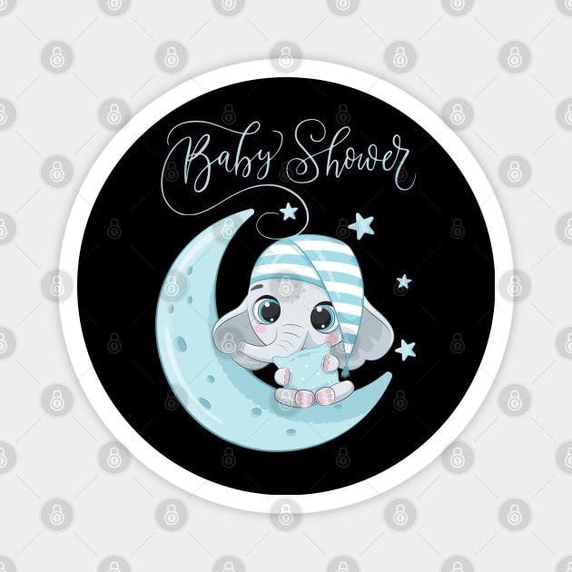 Baby shower Mommy to be Hello little One Sweet little elephant on a moon in pajamas cute baby outfit Magnet by BoogieCreates